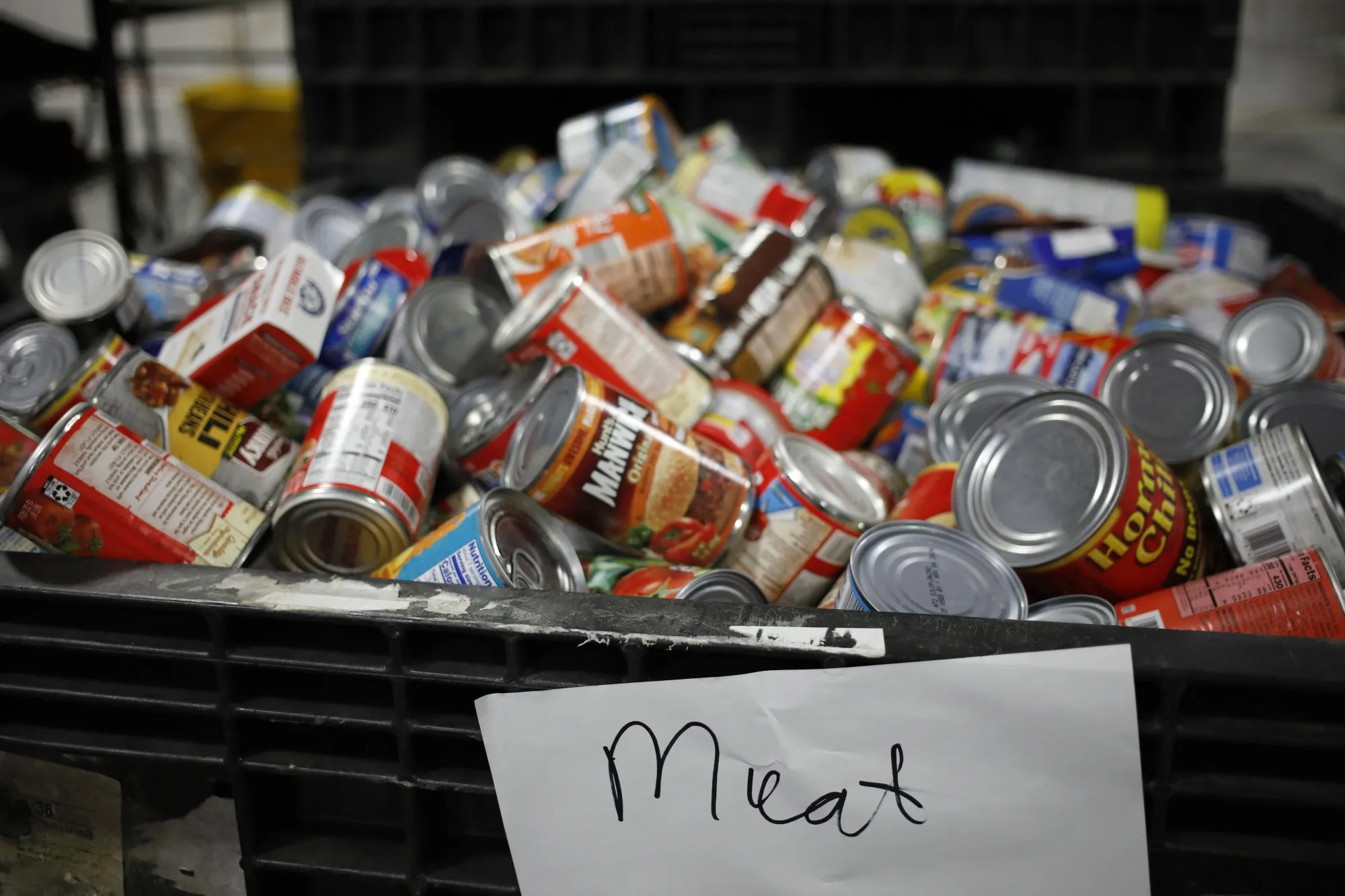 Pallets of donated canned goods at the Dare to Care Food Bank in Louisville,&nbsp;Kentucky.&nbsp;
