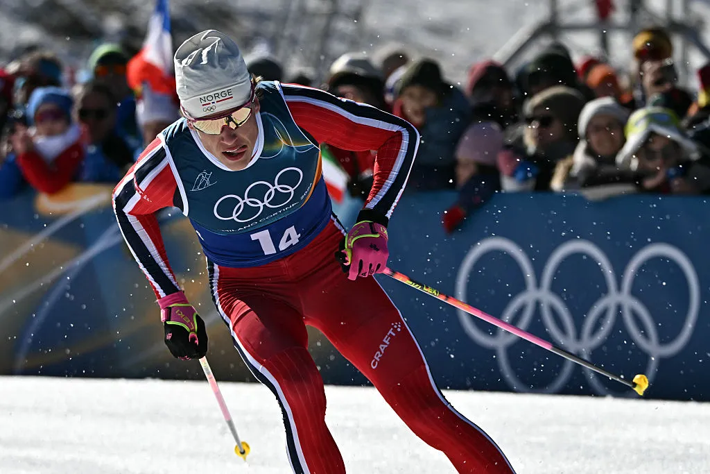 Johannes Hoesflot Klaebo during the cross-country men's 4 x 7,5km relay event of the Milano Cortina 2026 Winter Olympic Games.