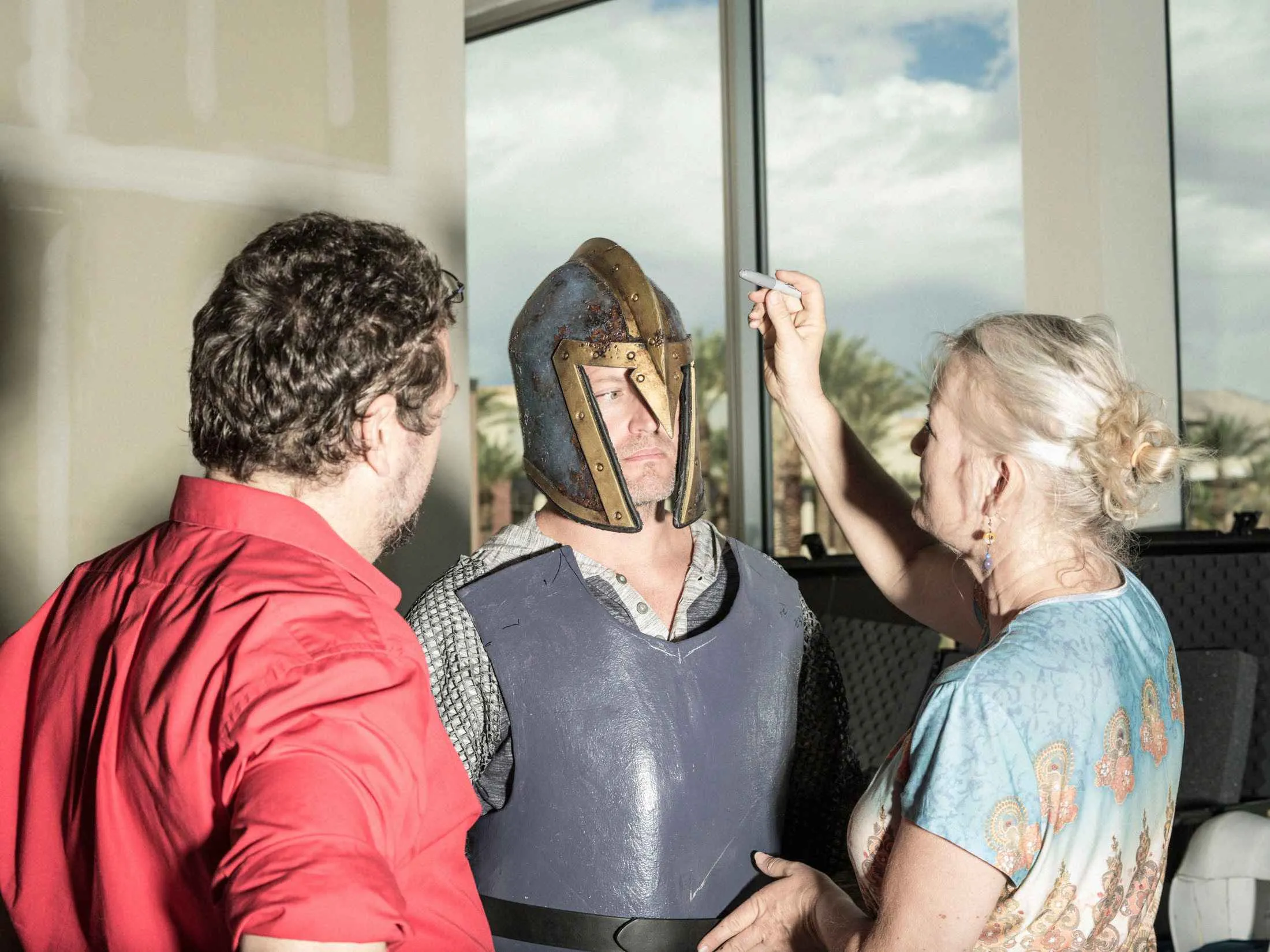 Lee Orchard, a Golden Knights performer, being outfitted.