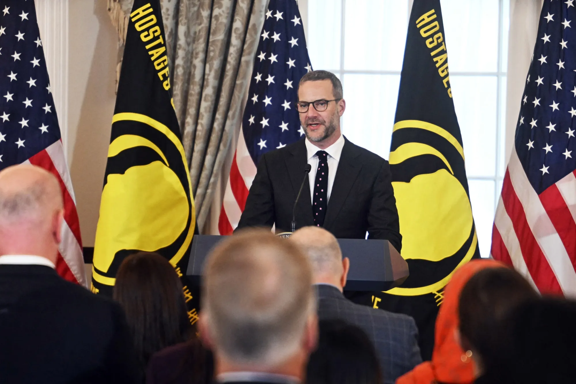 Adam Boehler speaks during a US hostage and wrongful detainee flag raising ceremony at the State Department in Washington, DC, on March 6.