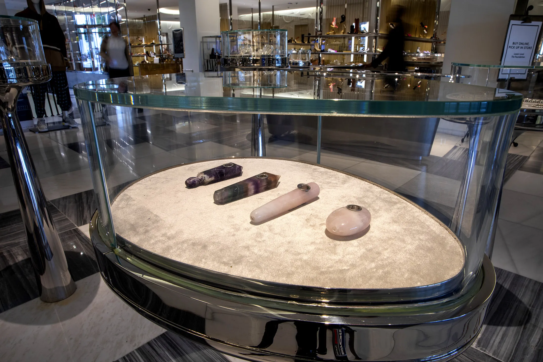 Stone cannabis pipes for sale at the High End&nbsp;at Barneys New York in Beverly Hills, California.