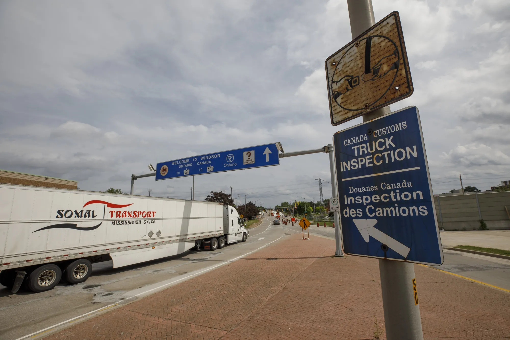 A truck rolls up to the Canadian border at Windsor, Ontario.