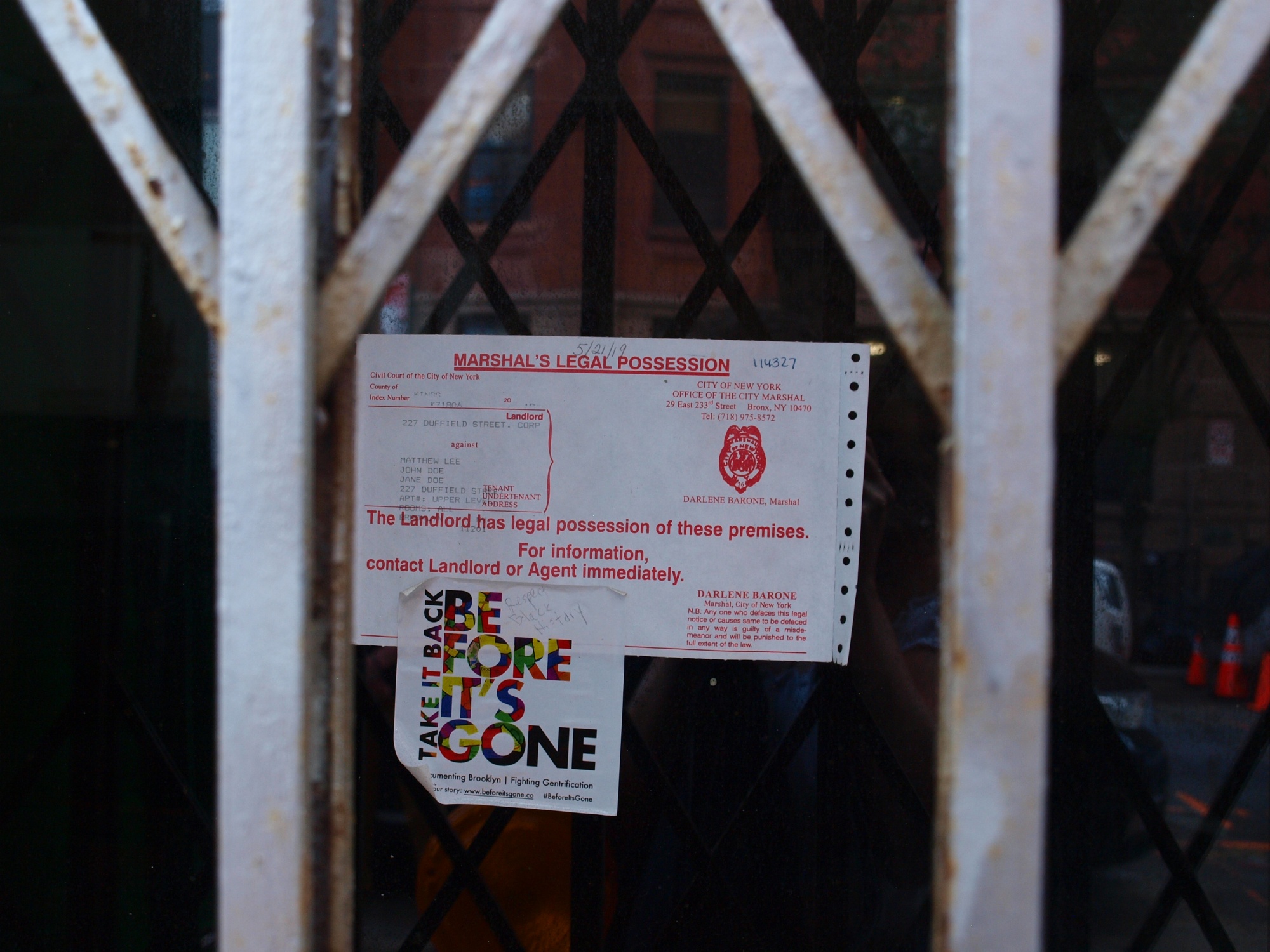 An eviction notice at 227 Duffield Street after owner&nbsp;Samiel Hanasab moved to demolish it in 2019. The former abolitionist home is being considered for landmark status.&nbsp;