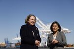 U.K. International Trade Secretary Anne-Marie Trevelyan,&nbsp;left, and U.S. Trade Representative&nbsp;Katherine Tai&nbsp;at the Port of Baltimore on March 21.&nbsp;