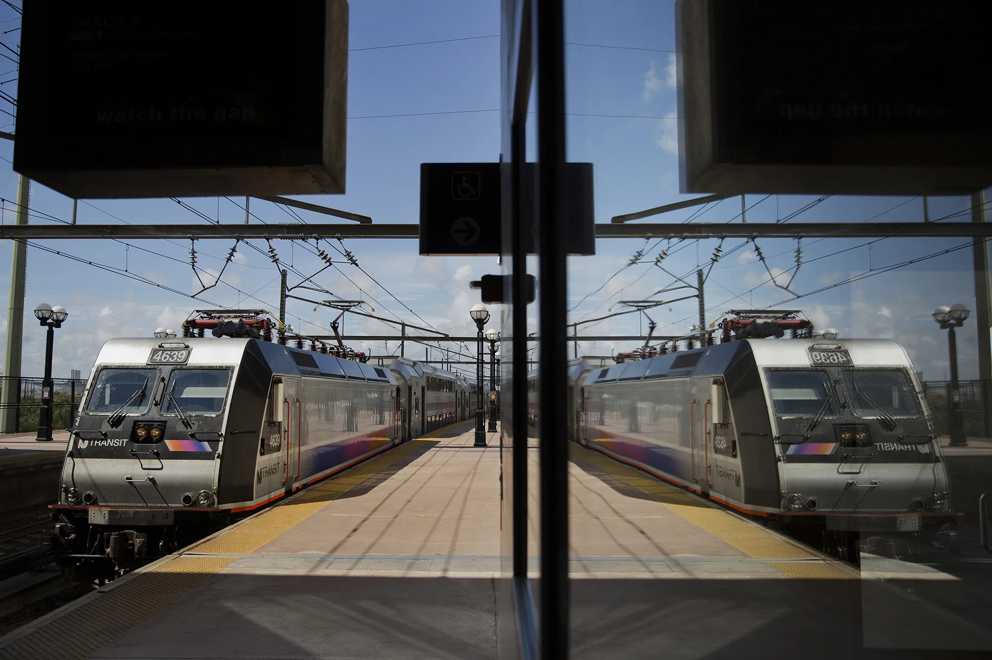 A New Jersey Transit train arrives at the Frank R. Lautenberg Rail Station at Secaucus Junction in Secaucus, New Jersey.