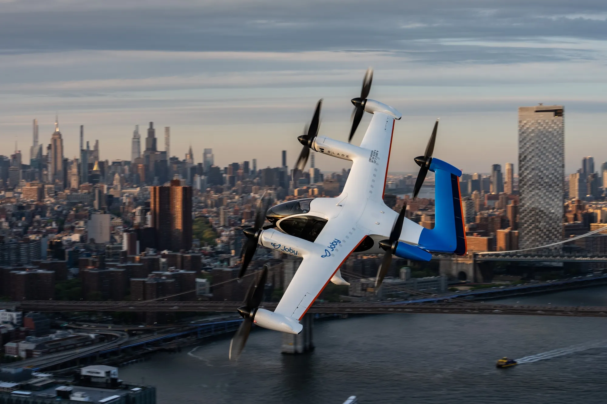 Joby’s electric air taxi flies over New York City.