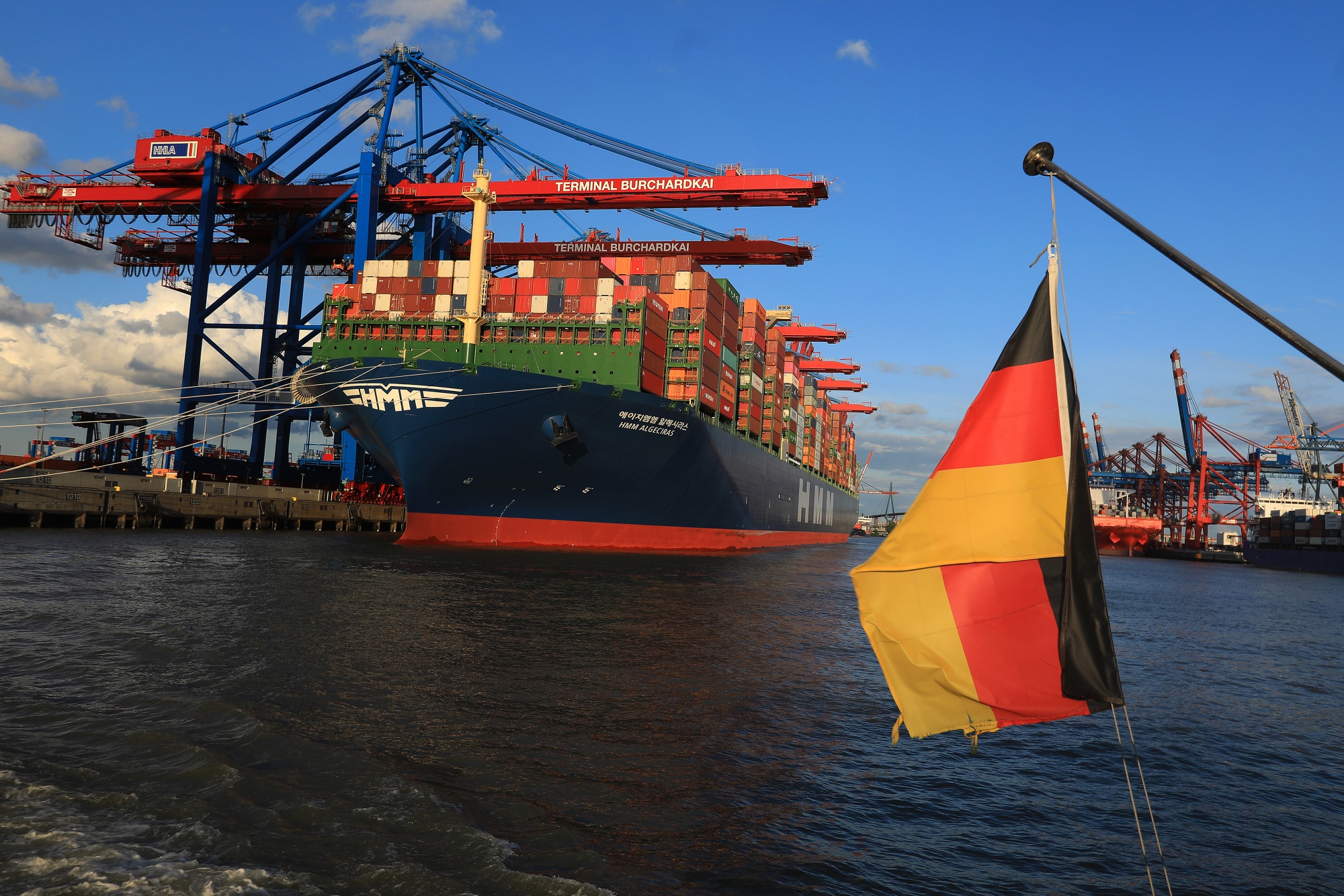 Container ship at the Port of Hamburg in Germany.