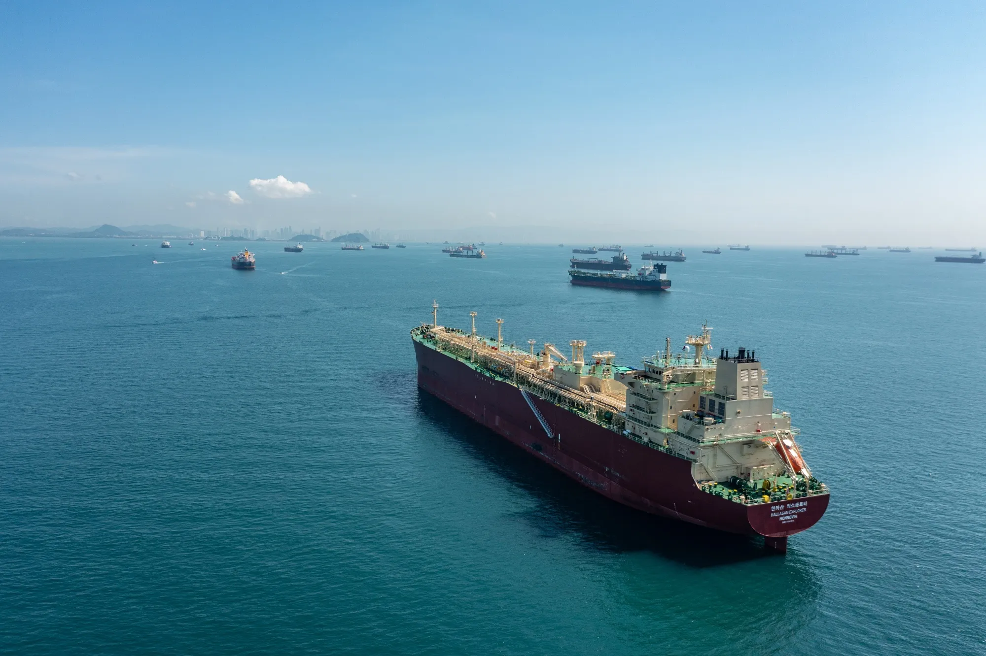 Cargo ships wait to cross the Panama Canal near Panama City, Panama.