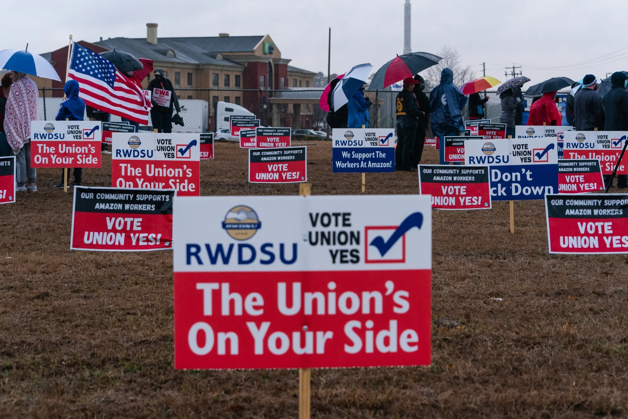 Pro-union demonstration signs during a Retail, Wholesale and Department Store Union held protest outside the Amazon BHM1 Fulfillment Center in Bessemer, Alabama on&nbsp;Feb. 7.