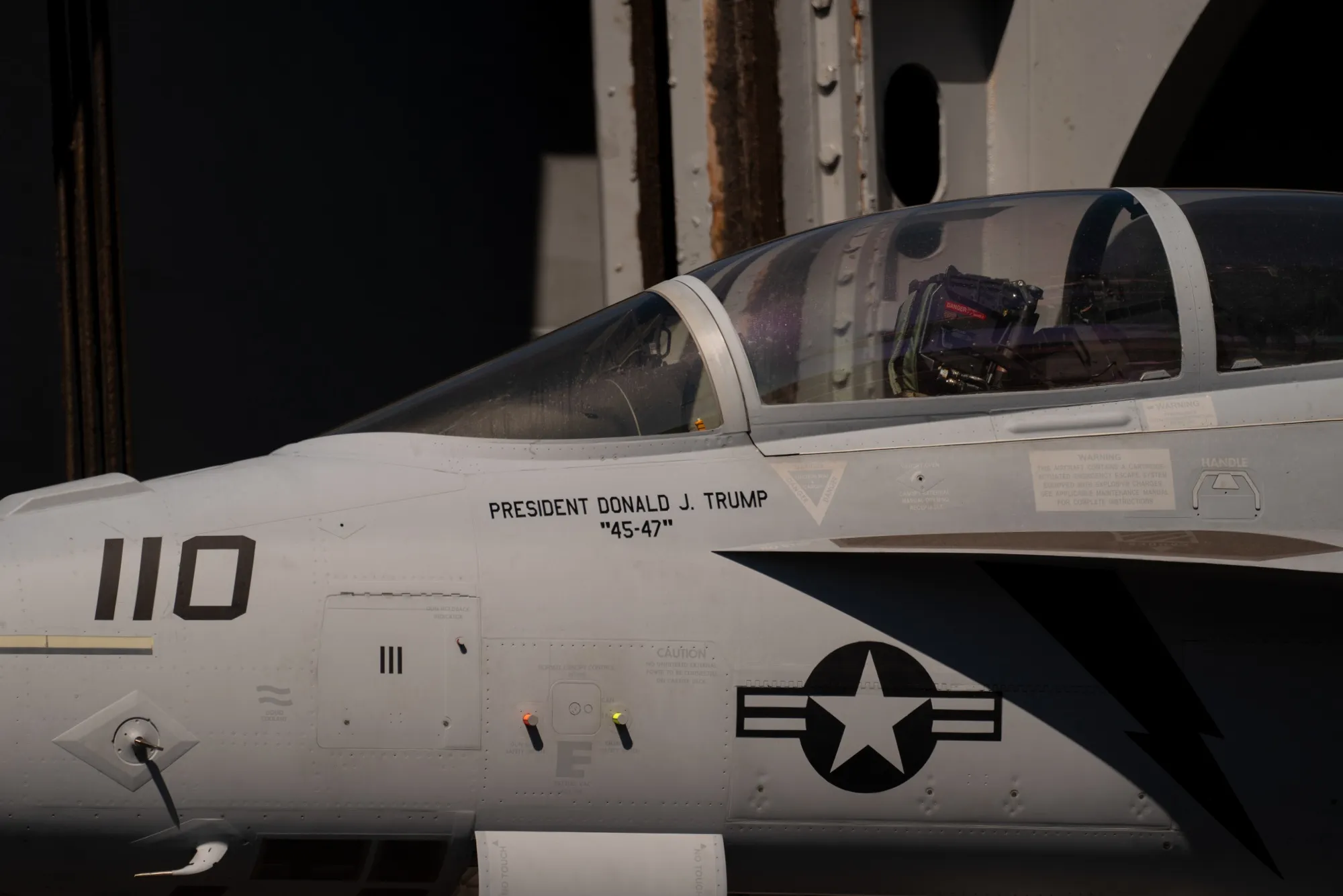 An F/A-18F Super Hornet displaying President Donald Trump's name aboard the USS Harry S. Truman aircraft.&nbsp;