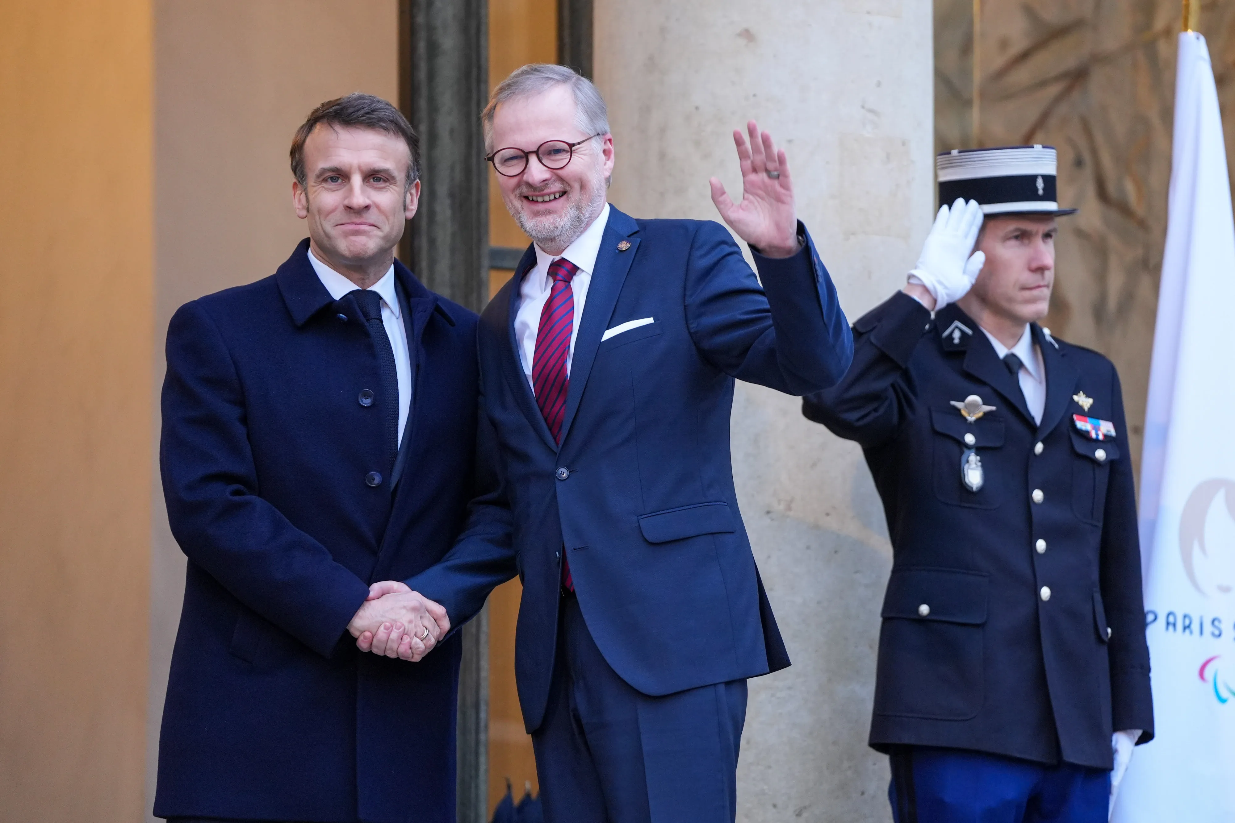 Emmanuel Macron, France’s president, left, greets Petr Fiala, Czech Republic’s prime minister, at the Elysee Palace in Paris, France, on Monday, Feb. 26, 2024. 