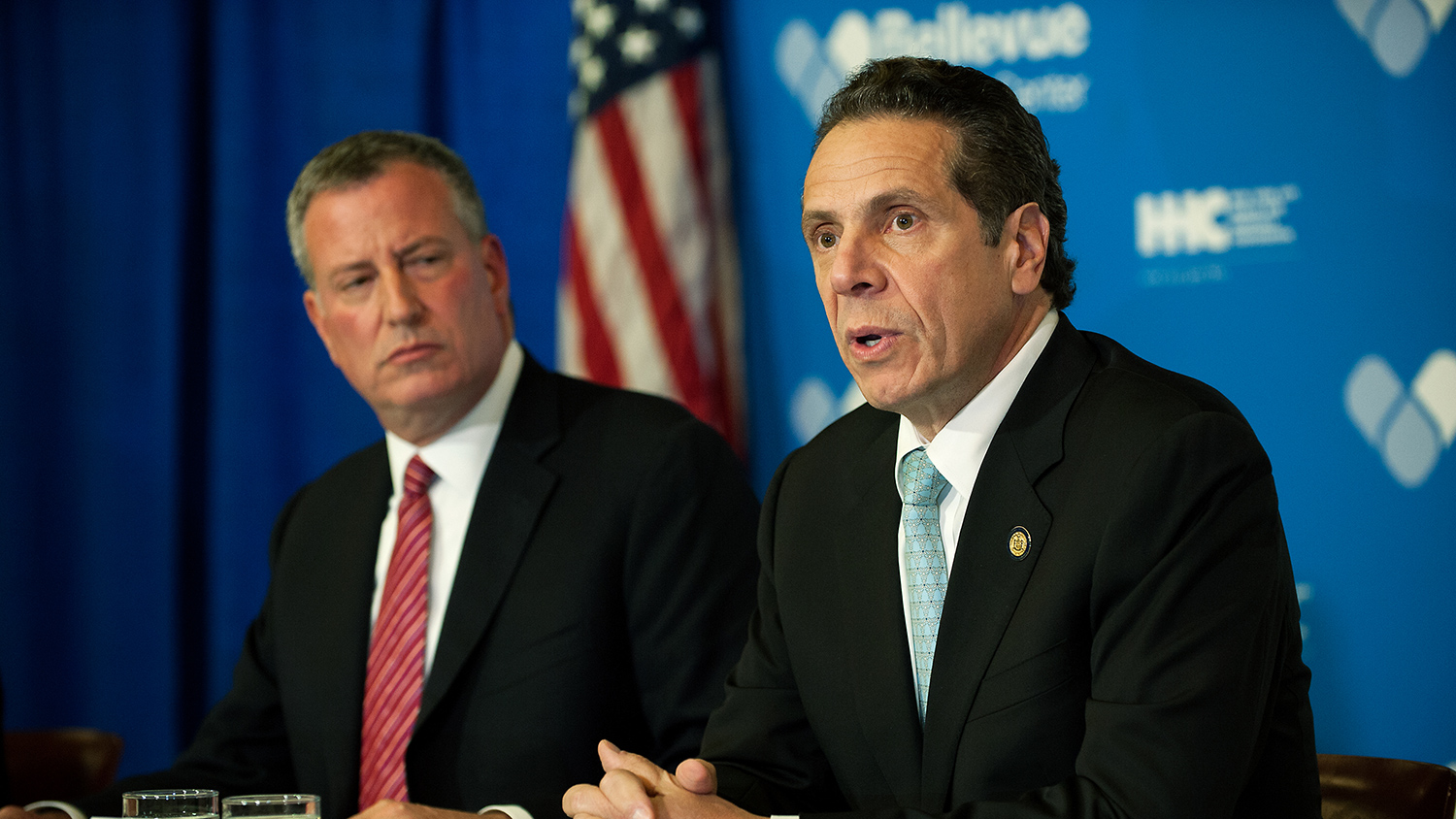 Mayor Bill de Blasio of New York City and Governor Andrew Cuomo of New York speak at a press conference October 23, 2014 in New York City.
