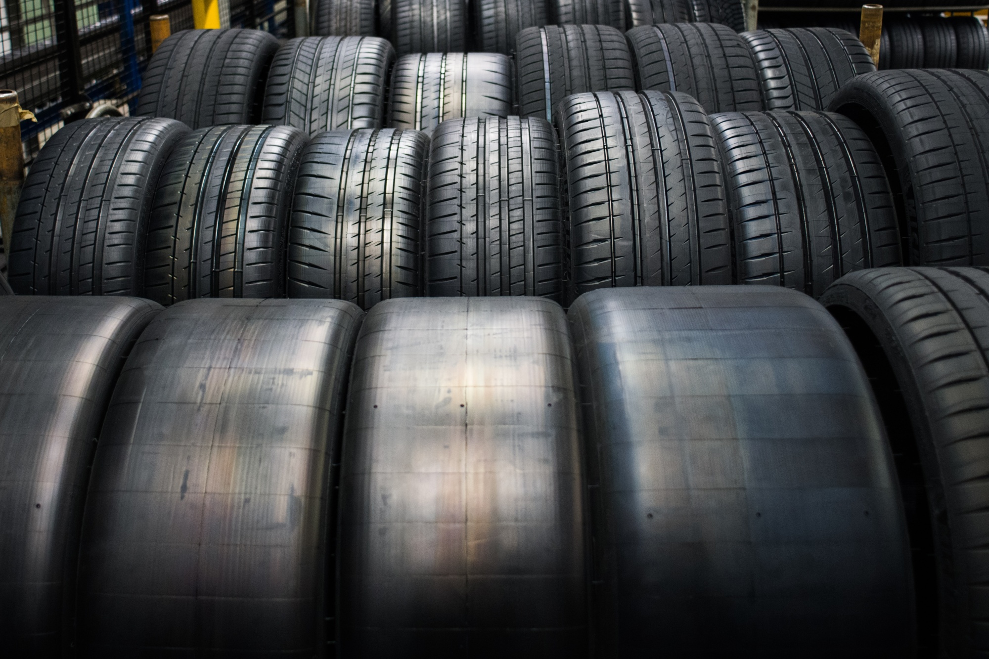 Rows of automobile tires at a retouching workshop in&nbsp;France.
