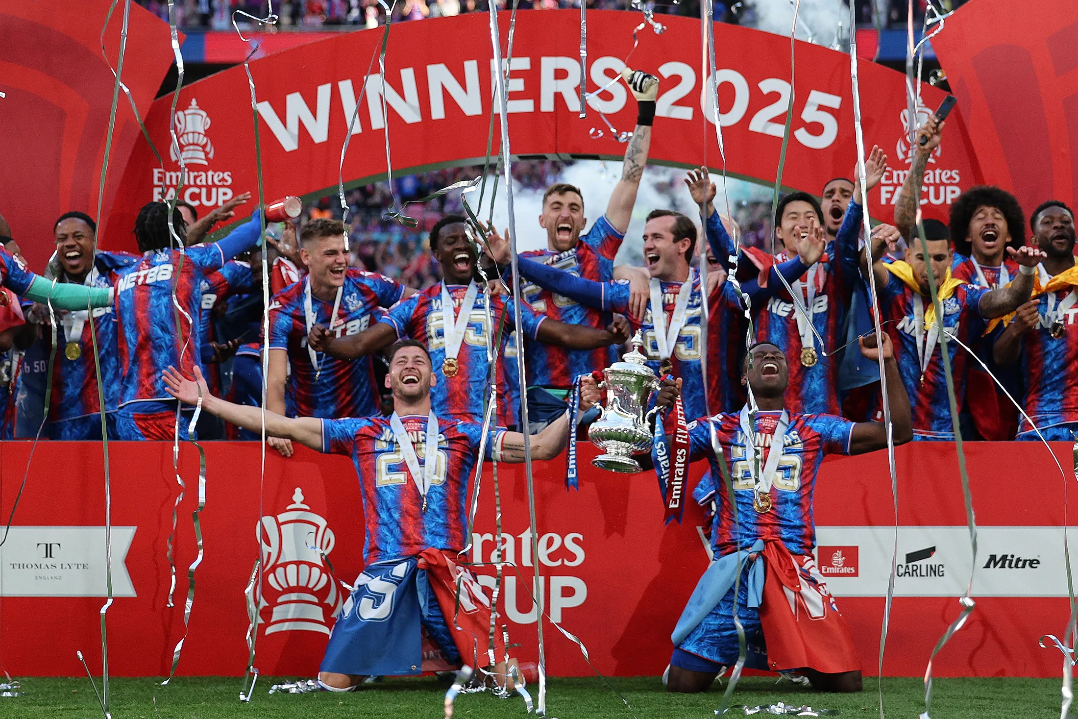 Crystal Palace players celebrate after the English FA Cup final football match win against Manchester City at Wembley Stadium in London&nbsp;on May 17.