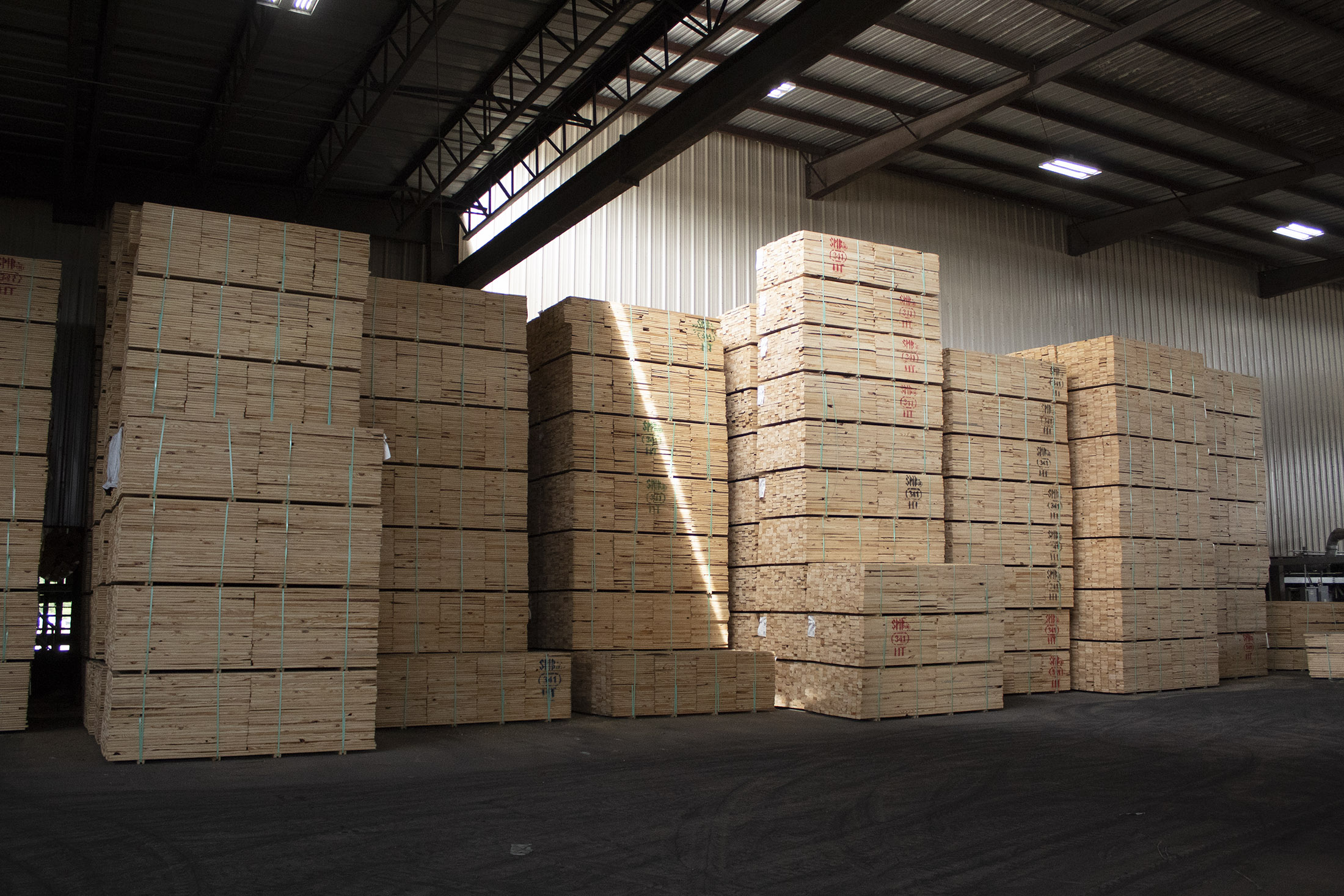 Lumber boards stacked in Effingham, South Carolina.
