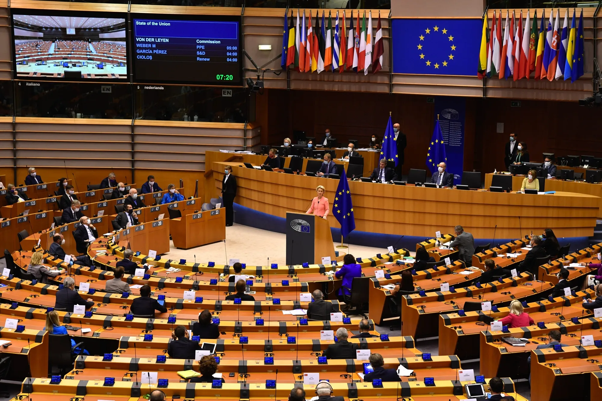 Ursula von der Leyen delivers a State of the Union address in the European Parliament in Brussels, on Sept. 16.
