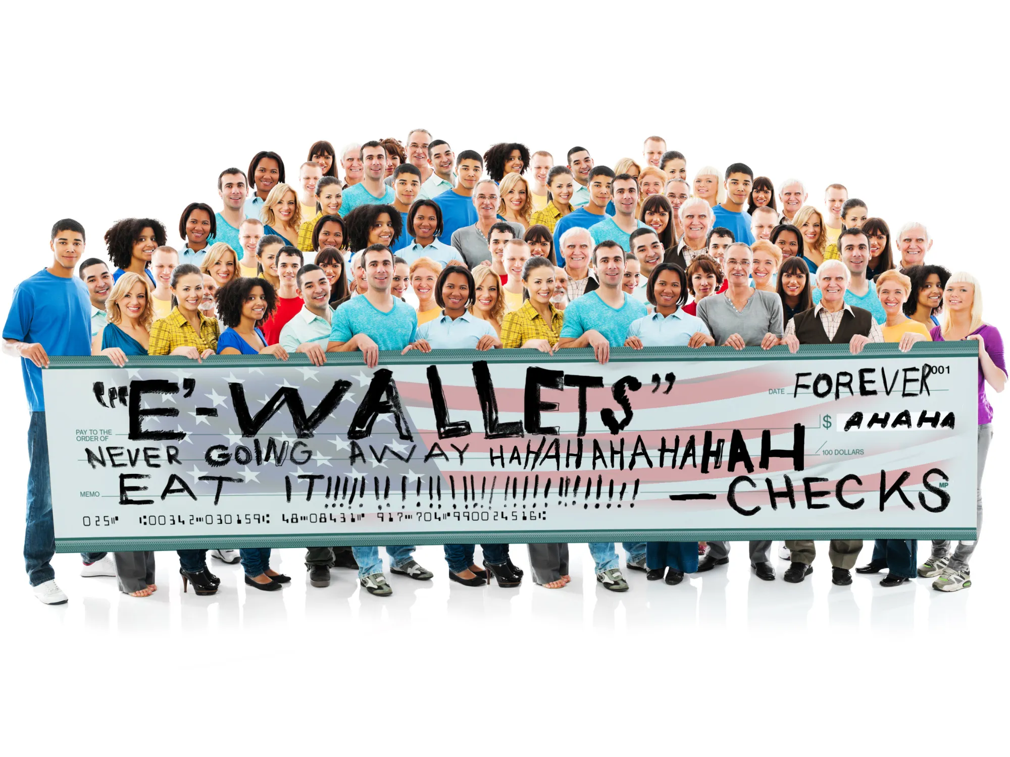 Large group of happy people holding a big white board.