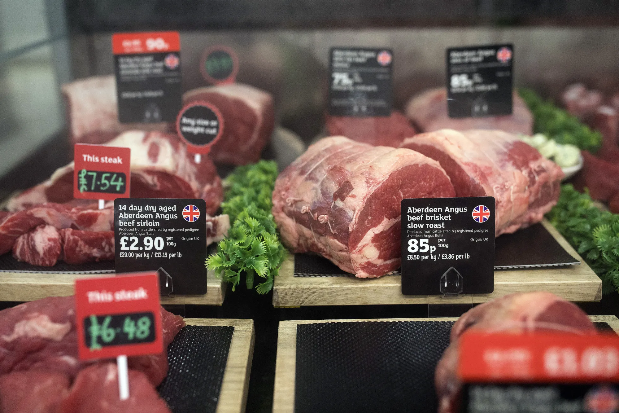 Cuts of British beef inside a supermarket.