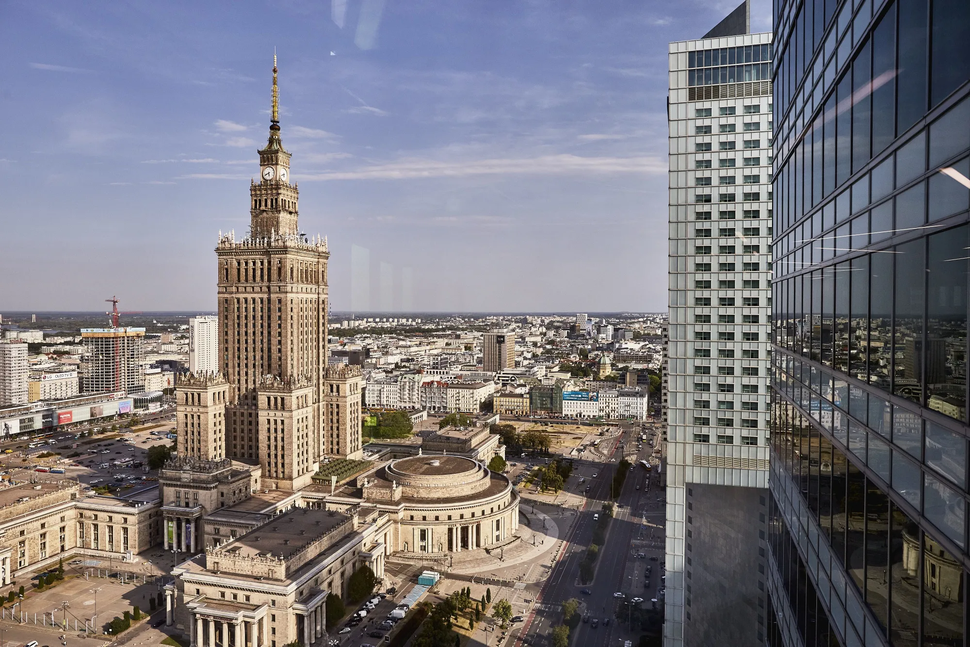 The Palace of Science and Culture on the city skyline in Warsaw, Poland.