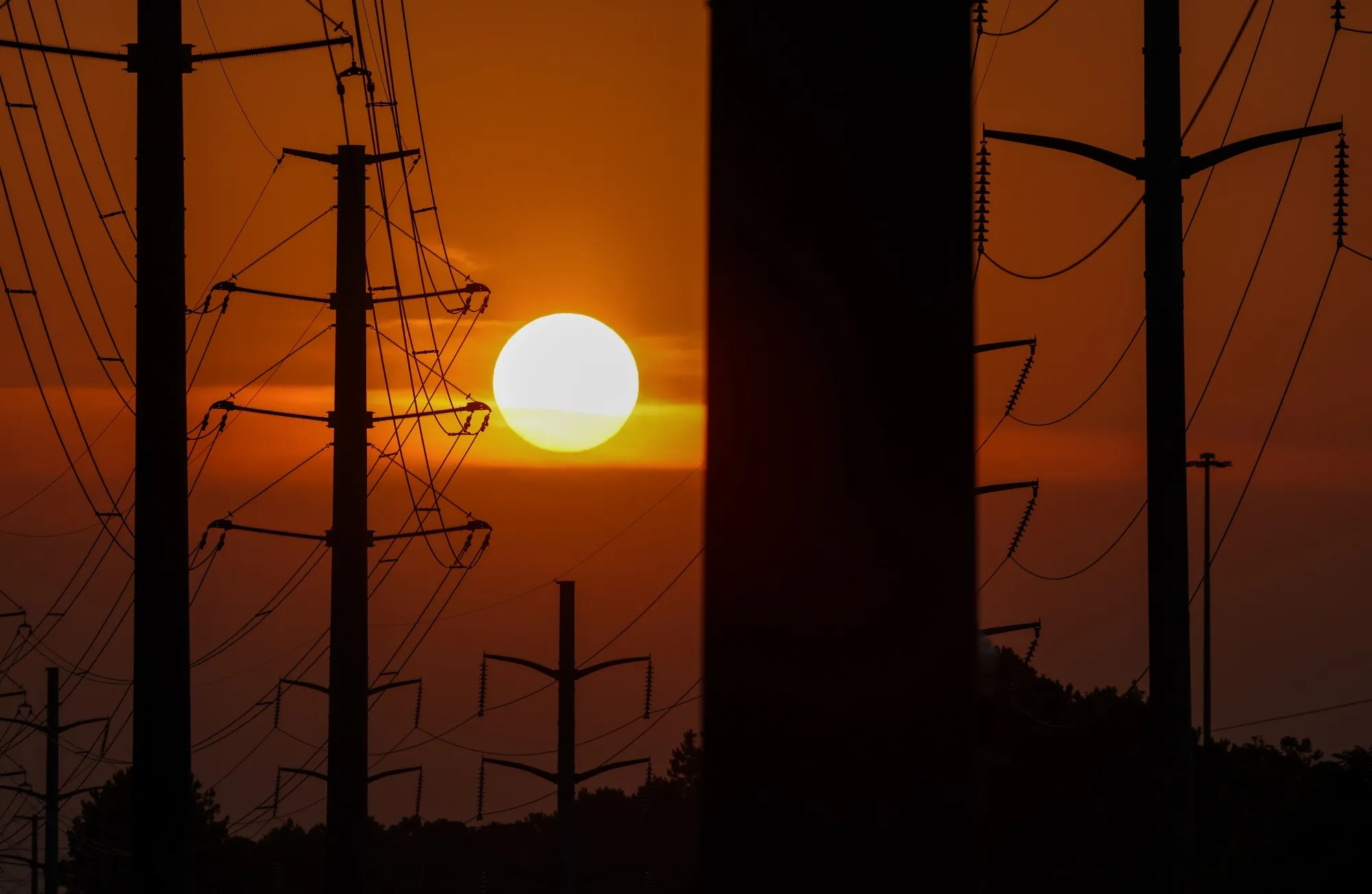 Power transmission lines during high temperatures in June 2025.