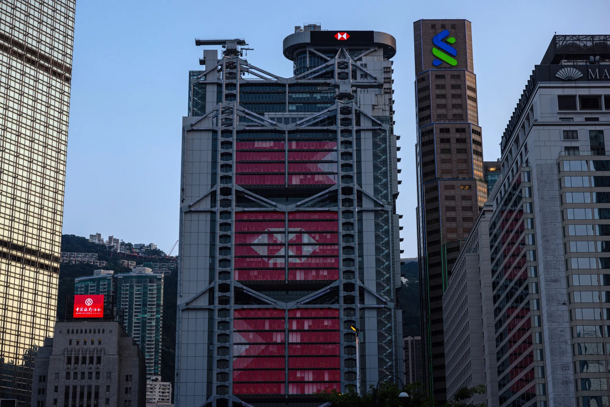 The HSBC Holdings Plc headquarters building, center, in Hong Kong.