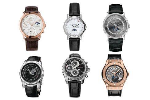 Clockwise from top left: Hermès Slim d'Hermès QP, Claude Meylan Full Calendar, Blancpain Villeret Quantième Complet, Hublot Classic Fusion Aeromoon, Carl F. Bucherer Manero ChronoPerpetual Only Watch 2015, Ulysse Nardin FreakLab