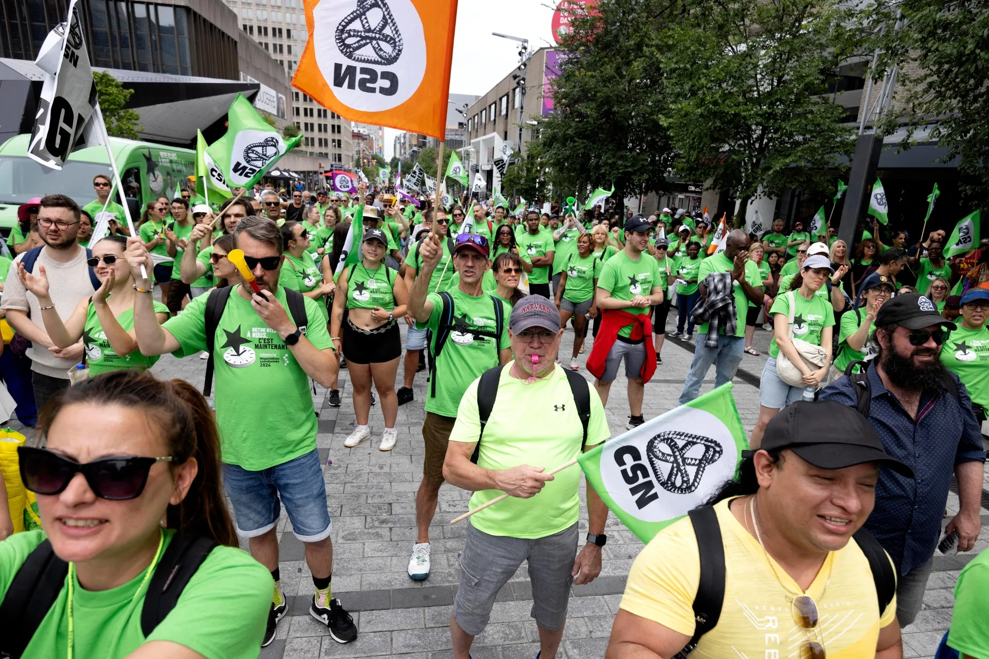 Hotel workers and supporters during a strike in Montreal on Aug. 8.