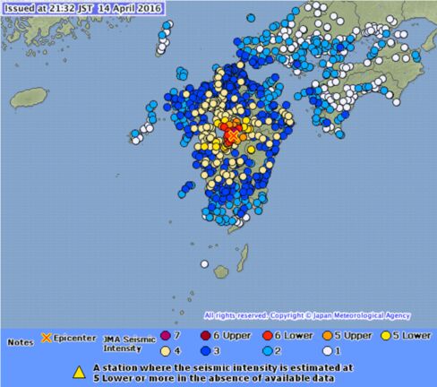 Shindo map of April 14 earthquake in Kumamoto
