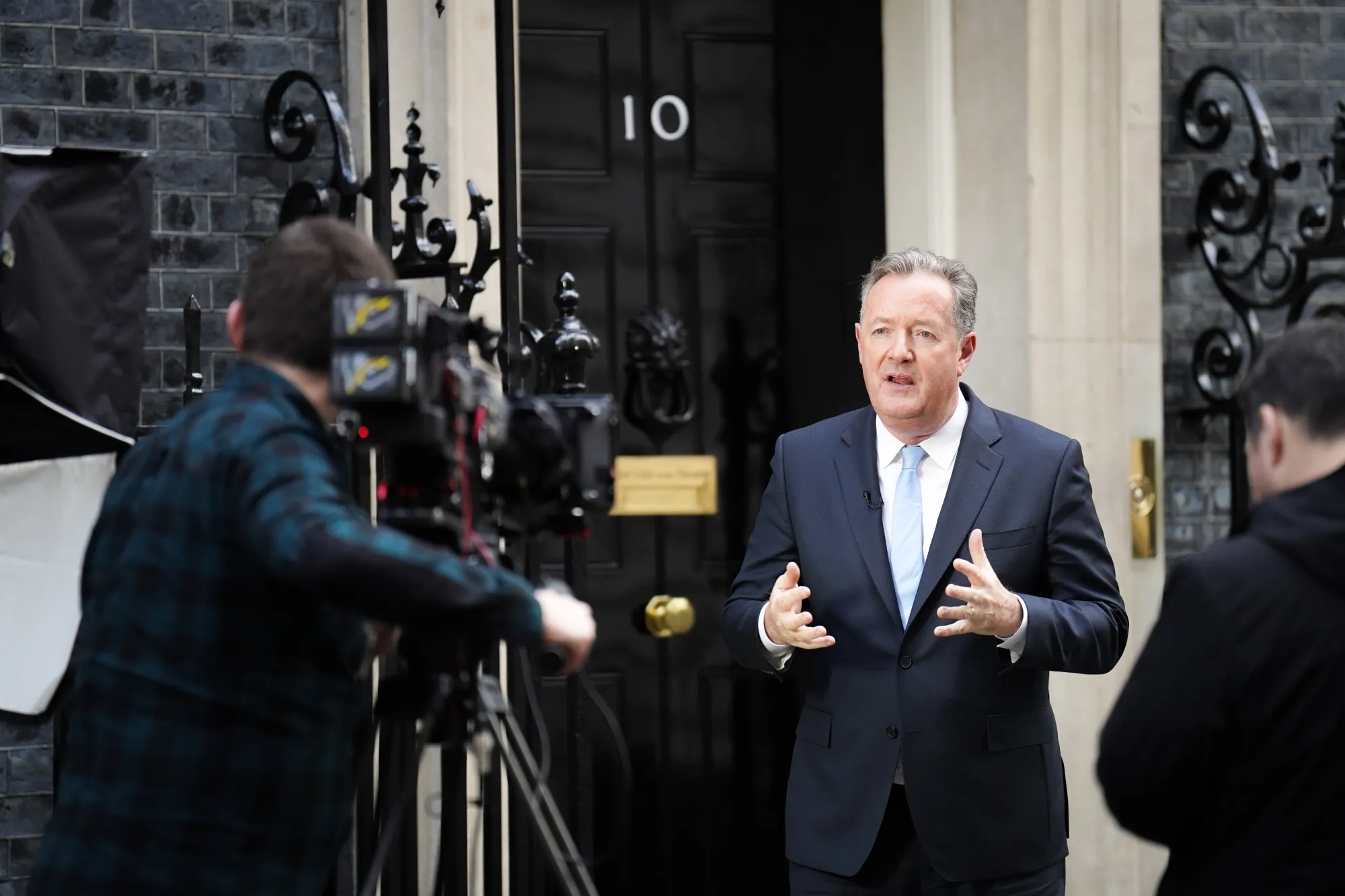 Journalist Piers Morgan filming in front of 10 Downing Street in London for&nbsp;TalkTV.