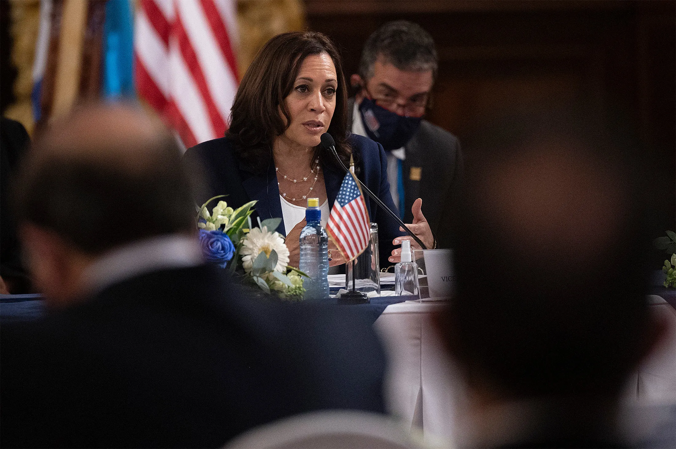 Kamala Harris speaks during a meeting with Guatemalan President Alejandro Giammattei in Guatemala City on June 7.