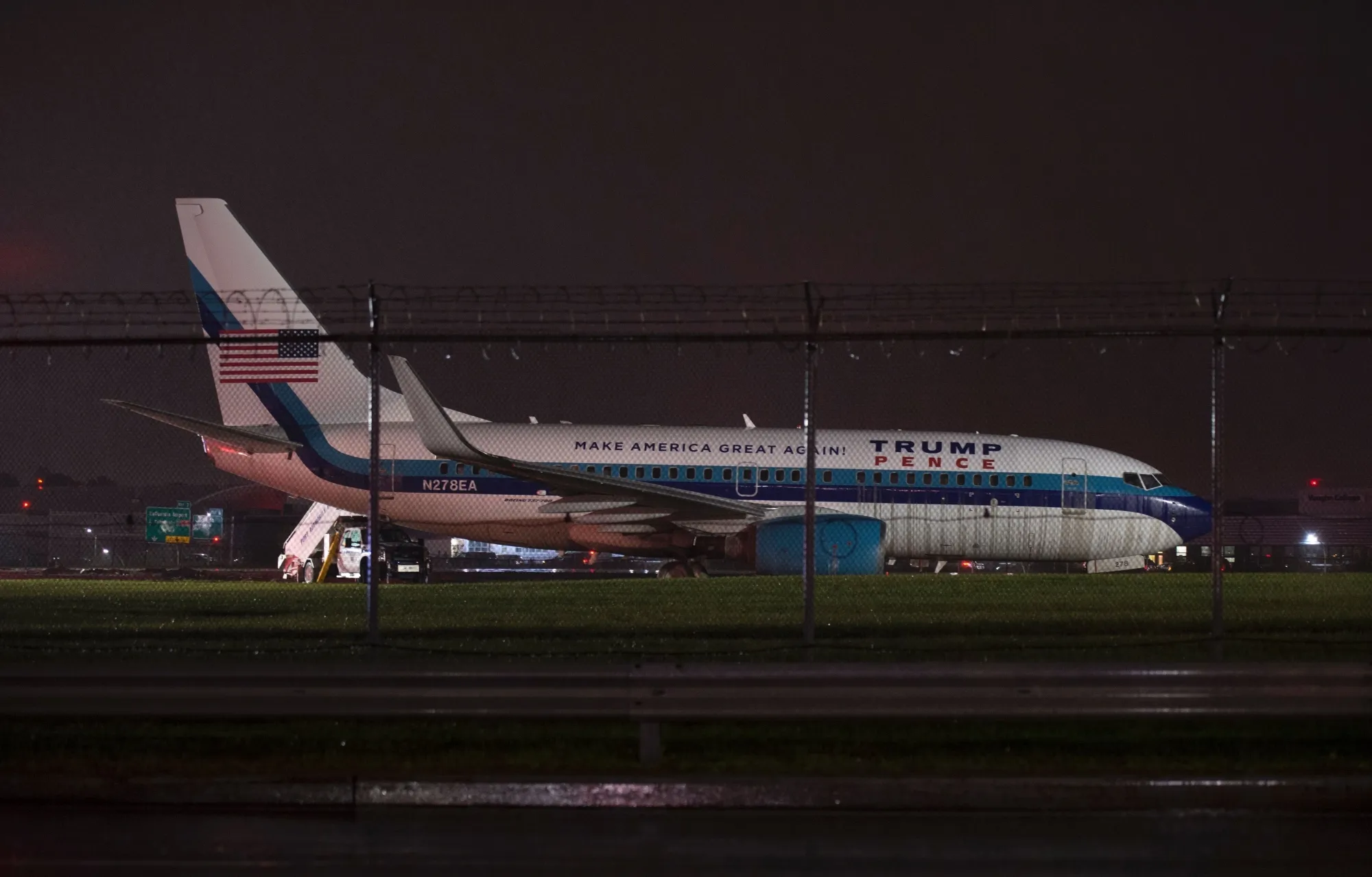 The plane carrying Mike Pence sits on the runway at New York's LaGuardia Airport in Oct. 2016.
