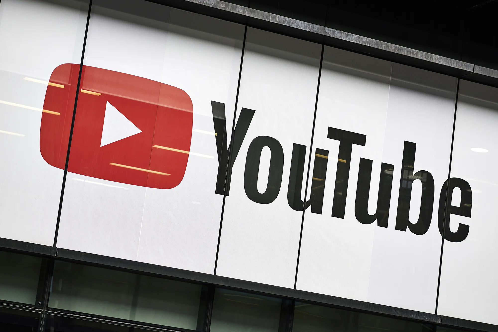 Detail of the YouTube logo outside the YouTube Space studios in London.
