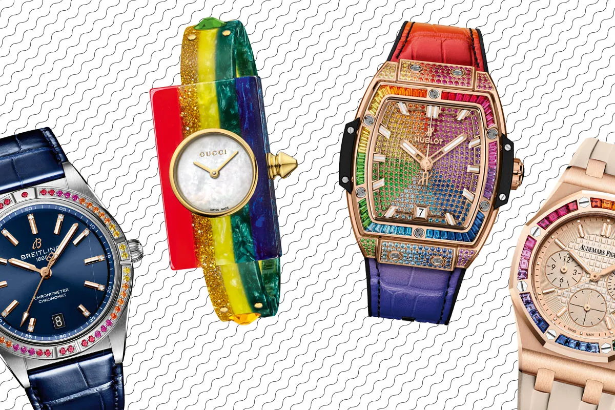 From left:&nbsp; Breitling, Gucci, Hublot, and Audemars Piguet watches.