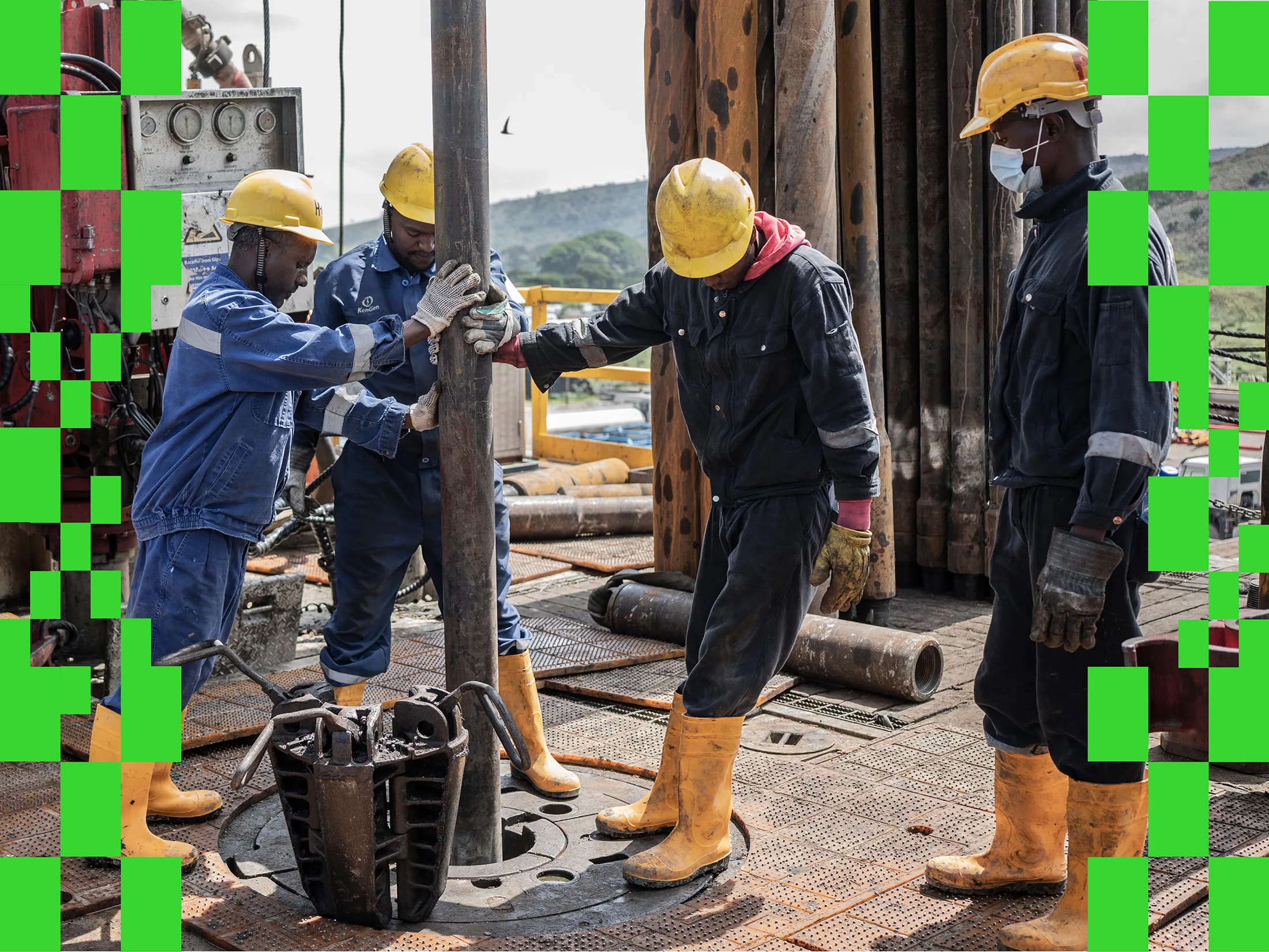 Workers arrange the drilling line cleans trigone rock drilling bit at Aluto-Langano in Ziway, Ethiopia, in September.
