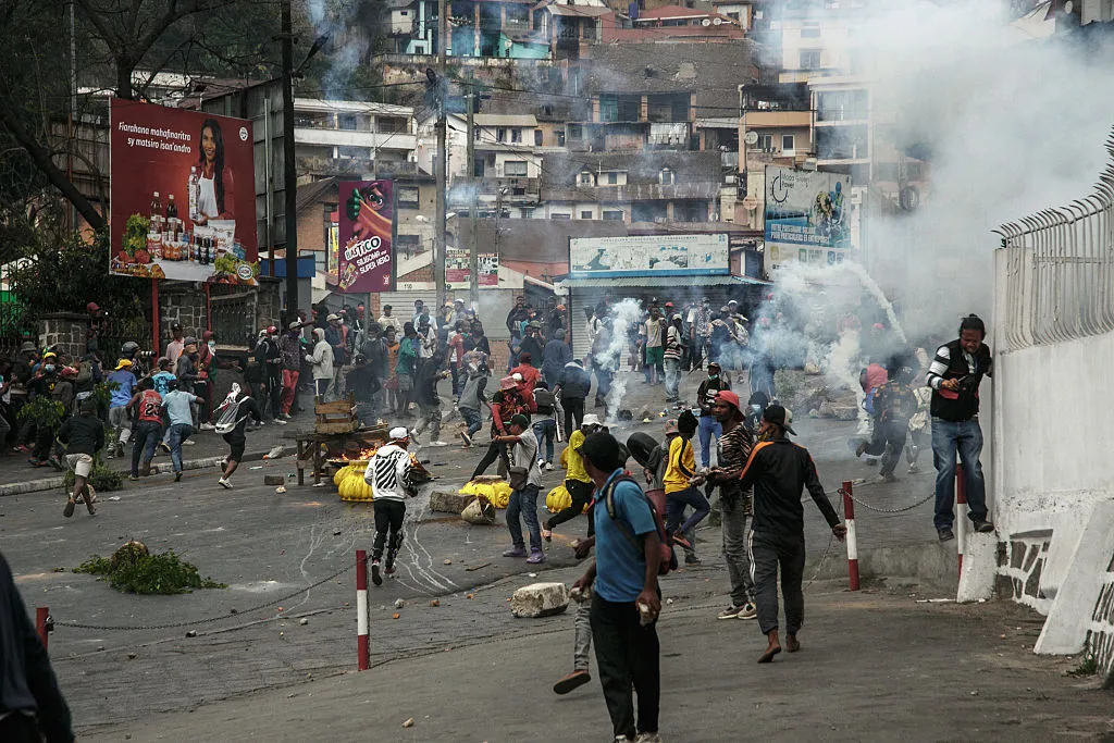 Security forces deploy tear gas against protesters during a demonstration in Antananarivo, Madagascar.