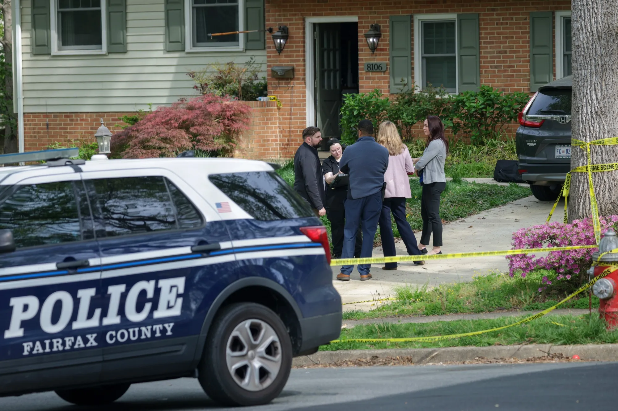 Law enforcement secure a crime scene outside the home of former Virginia Lt Gov Justin Fairfax&nbsp;in Annandale, Virginia on April 16.&nbsp;