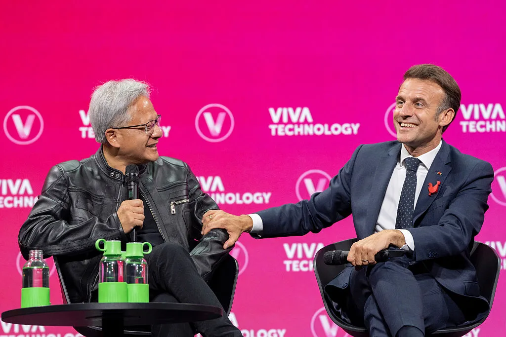 Jensen Huang, chief executive officer of Nvidia Corp., and Emmanuel Macron&nbsp;at the 2025 VivaTech conference in Paris, June 11, 2025.&nbsp;&nbsp;