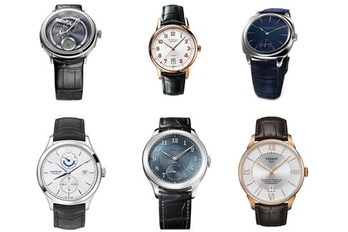 Clockwise from top left: Manufacture Royale 1770 Voltige, Tiffany & Co CT60 3-Hand 40mm, Laurent Ferrier Galet Square, Leroy Chronomètre Observatoire, Montblanc Heritage Chronométrie Dual Time