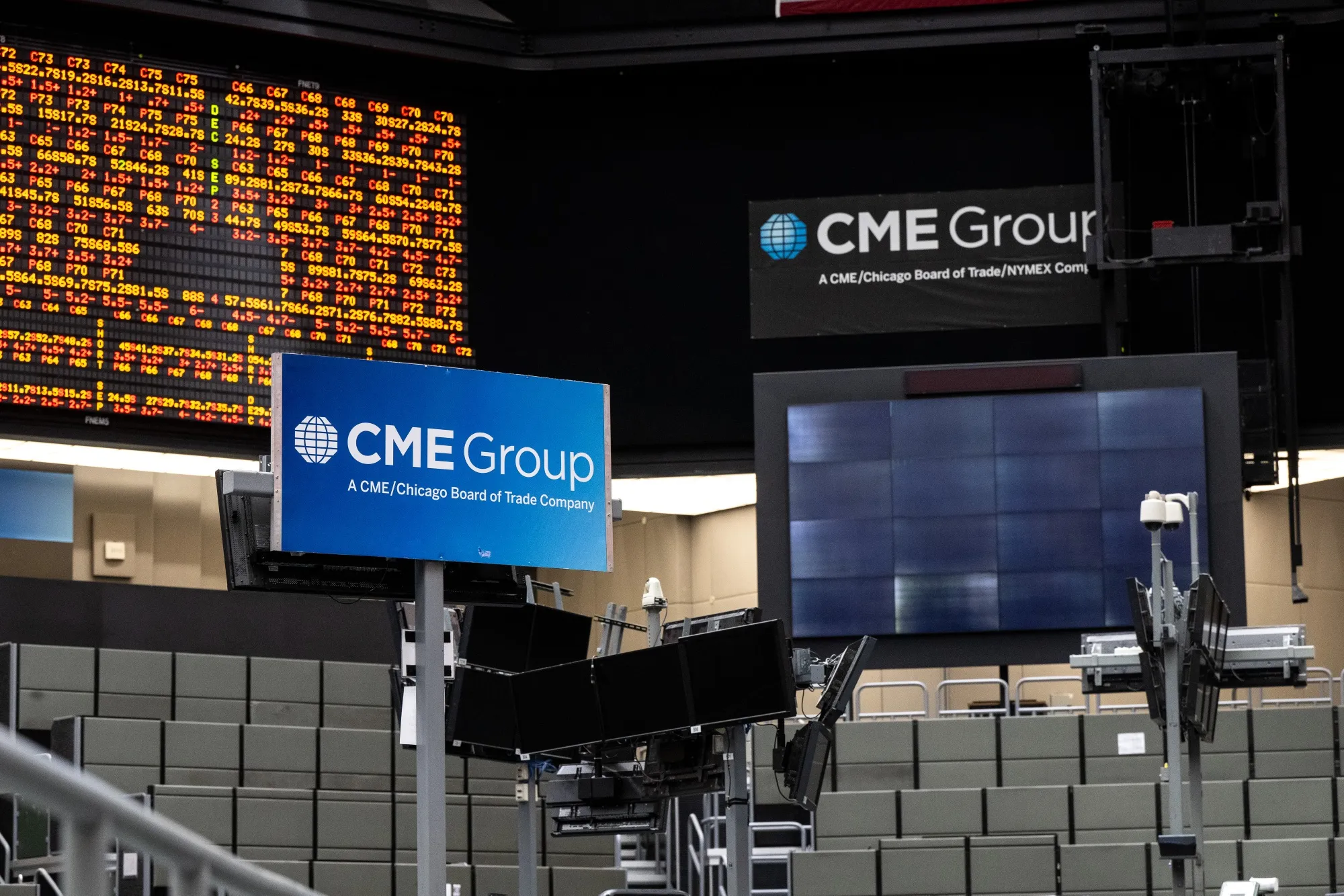 CME Group signage above the former Chicago Board of Trade (CBOT) trading pit.&nbsp;