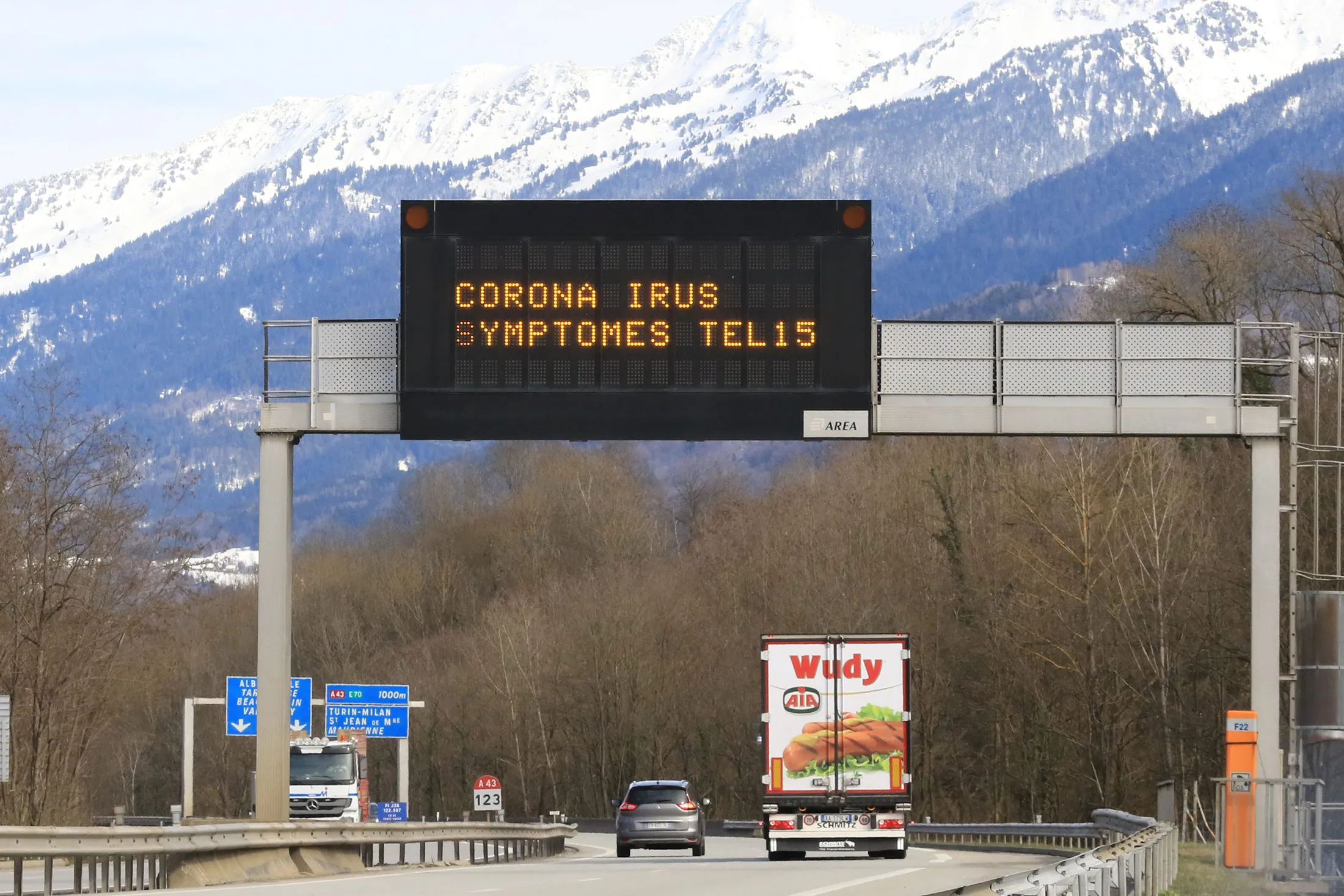 A Feb. 28 notice on the A43 motorway in France reads: “Coronavirus if Symptoms Call 15.”