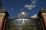 One of the main gates on the Brown University campus, decorated with the University crest, in Providence, Rhode Island. 