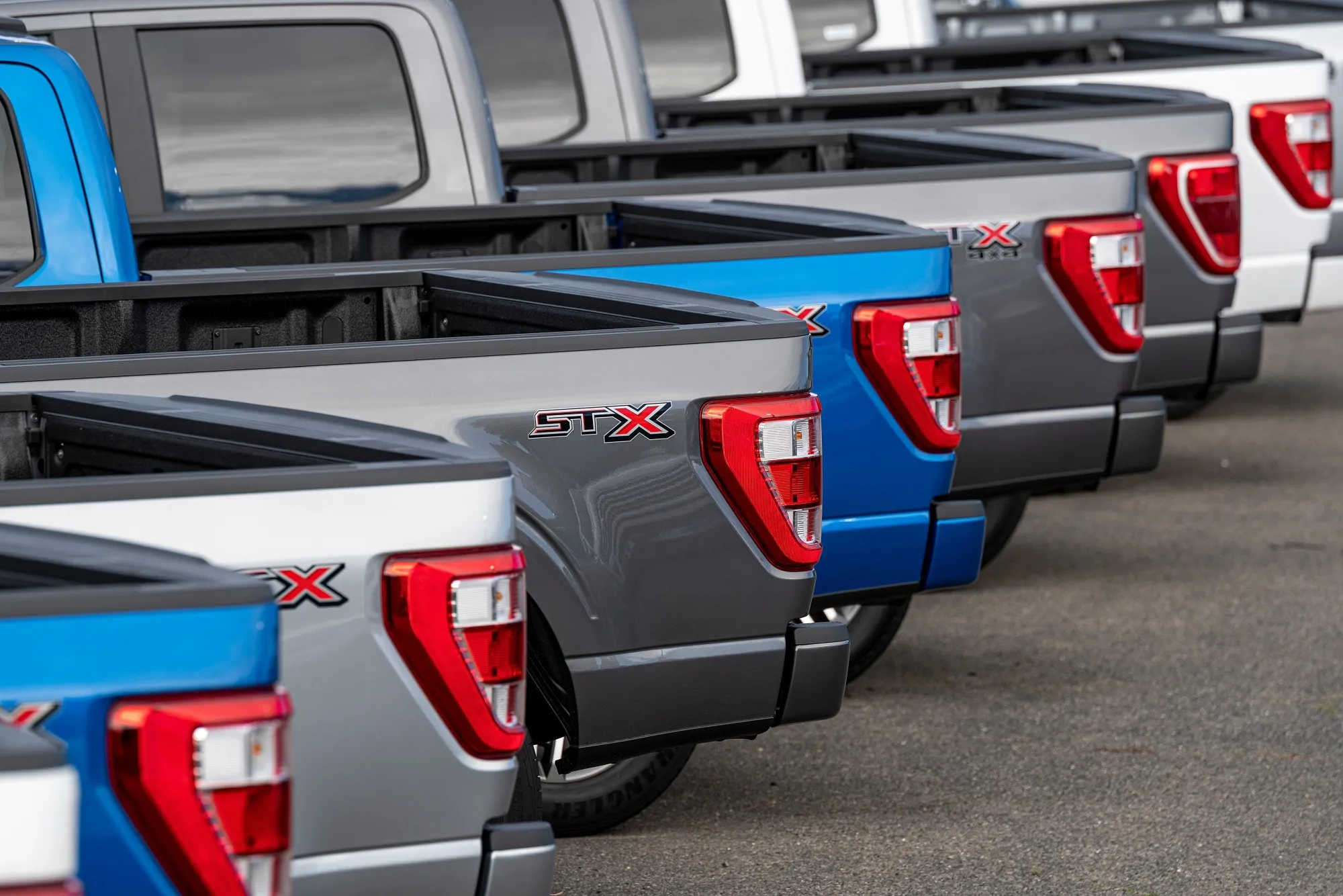 Ford&nbsp;F-150 pickup trucks for sale at a Ford dealership in Colma, California.