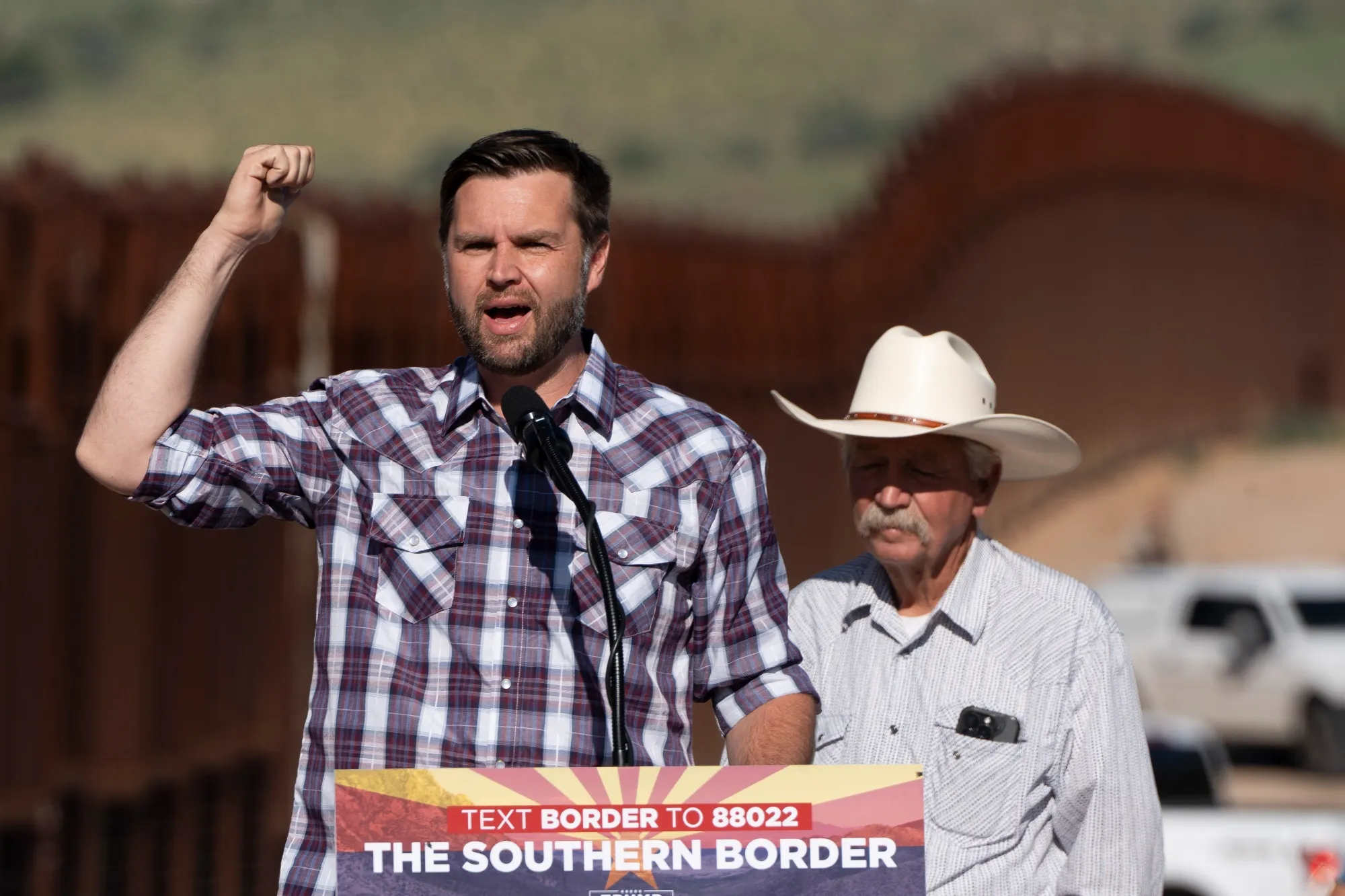 Republican Vice-Presidential Nominee JD Vance speaks at the US-Mexico border in Hereford, Arizona, on Thursday.