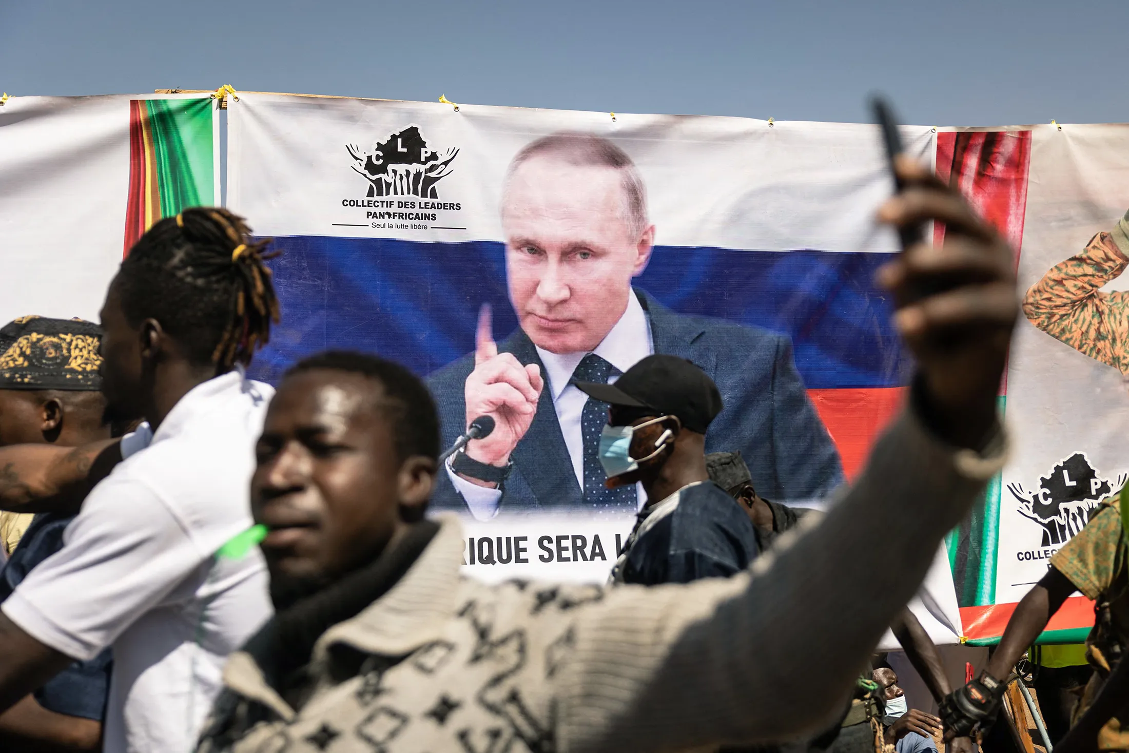 A banner of Vladimir Putin&nbsp;during a protest to support the Burkina Faso President Captain Ibrahim Traore&nbsp;in Ouagadougou, Burkina Faso, in 2023.
