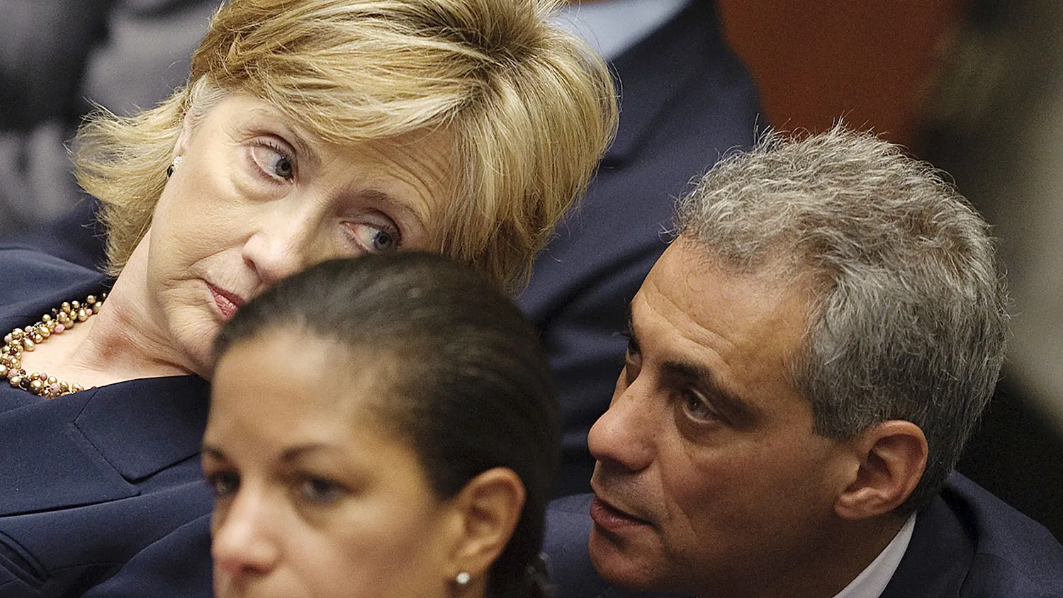 Rahm Emanuel speaks with Hillary Clinton as they attend a United Nations Security Council meeting at UN Headquarters in New York on Sept. 24, 2009.

