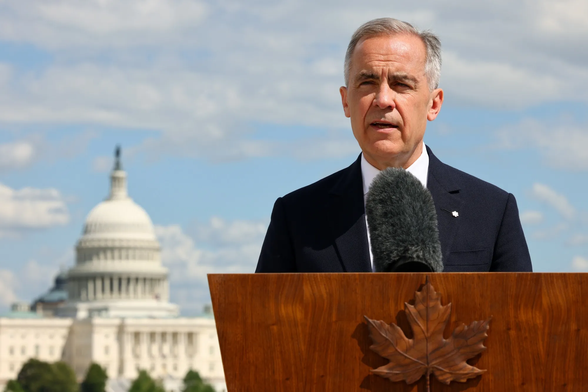 Canada's prime minister Mark Carney speaks during a news conference at the Canadian Embassy in Washington on May 6.