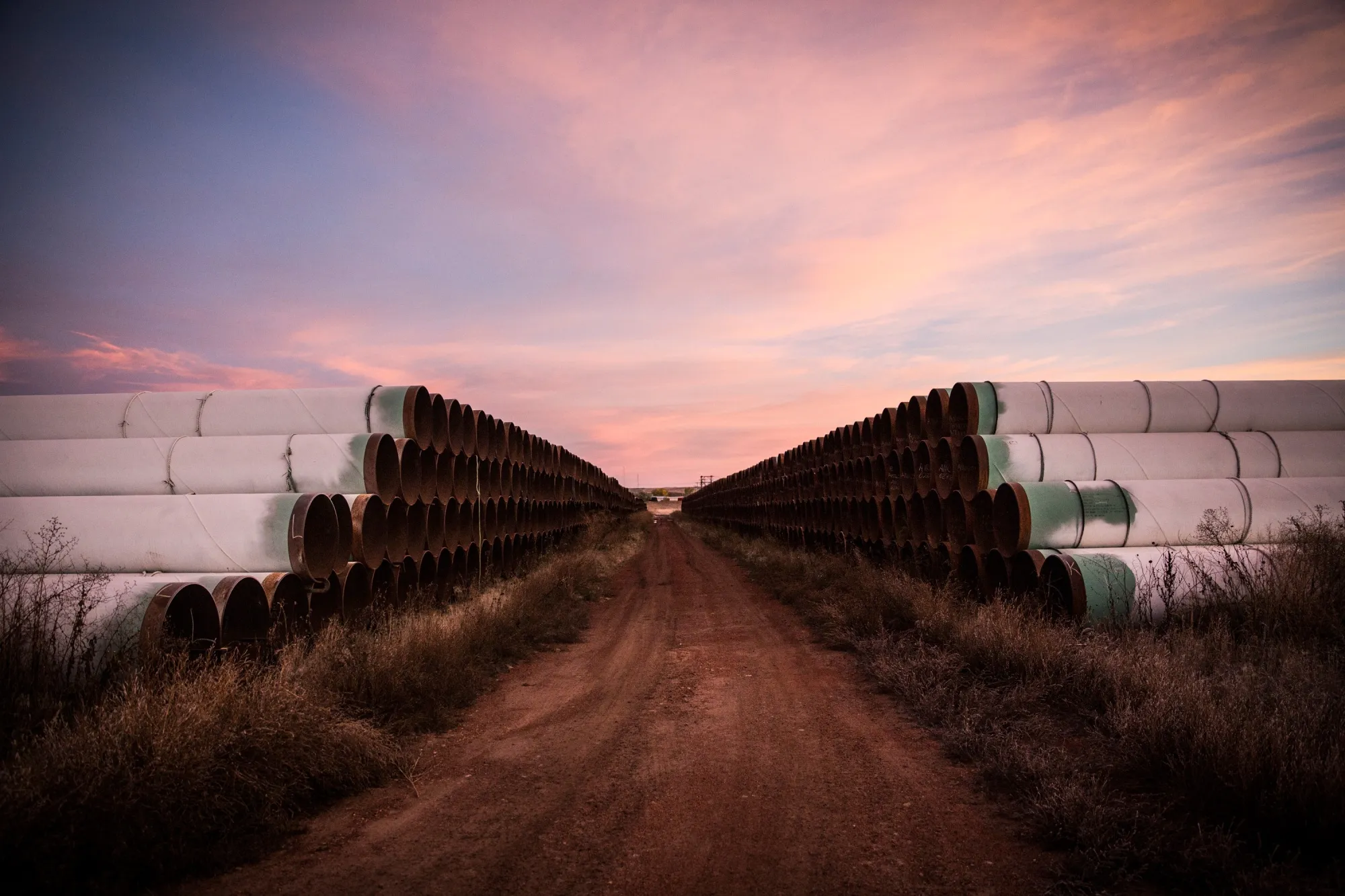 Miles of unused Keystone XL pipeline pipes&nbsp;outside Gascoyne, North Dakota.&nbsp;