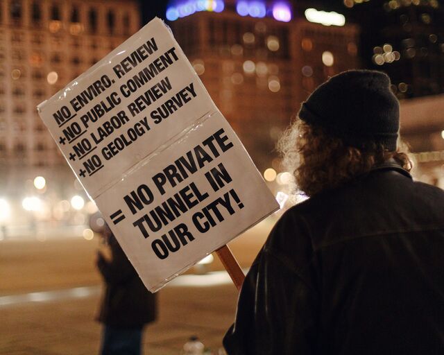 Protesters demonstrate in opposition to the Music City Loop tunnel project in Nashville.