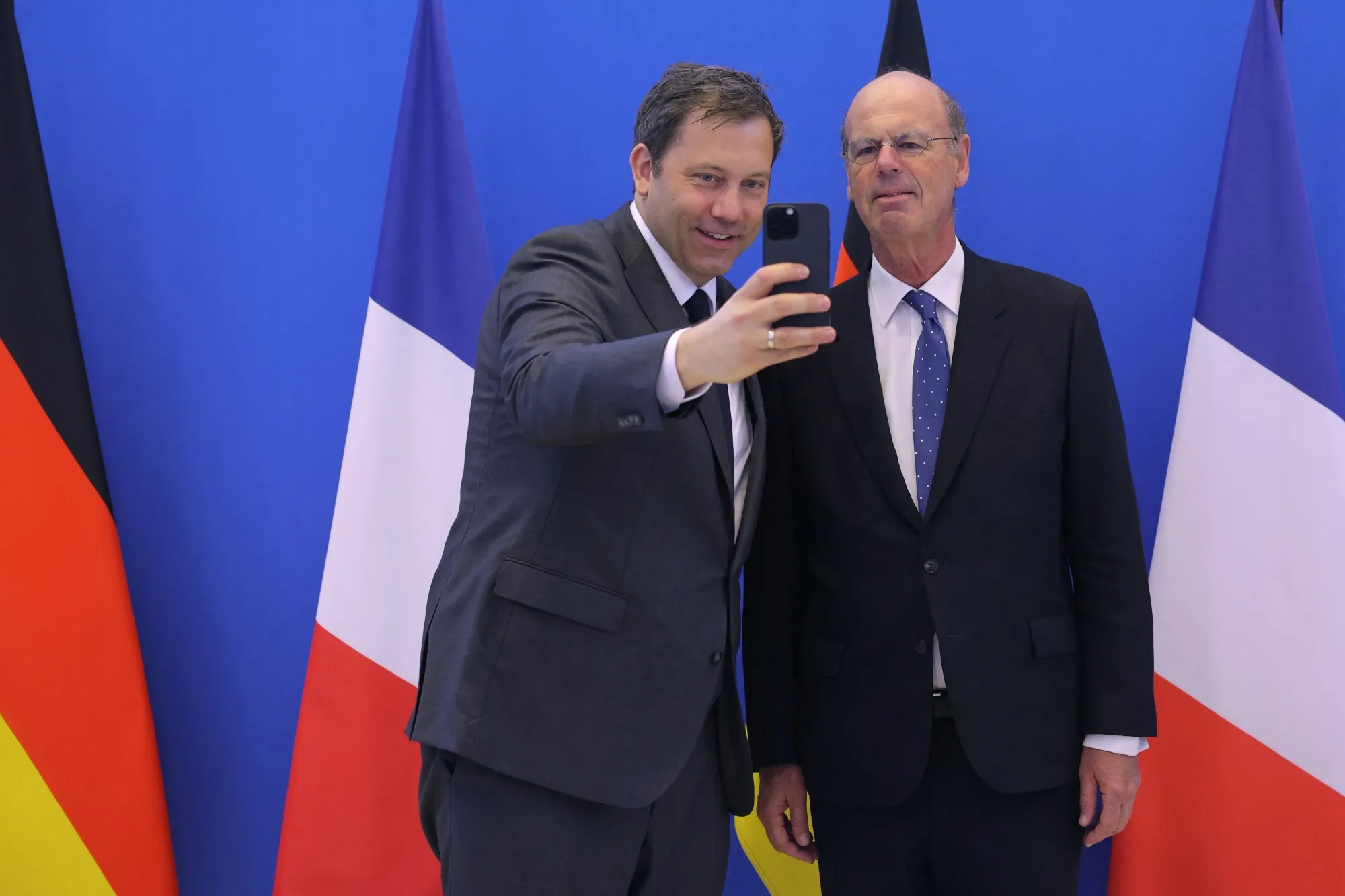 Lars Klingbeil, left, and Eric Lombard ahead of a meeting in Paris on May 9.