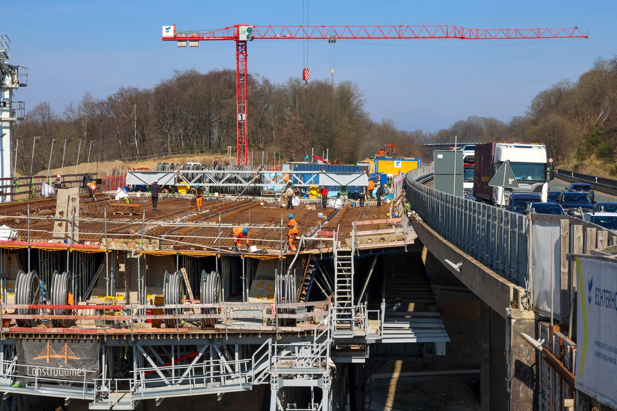 Workers on the highway bridge construction site near Luedenscheid, Germany.